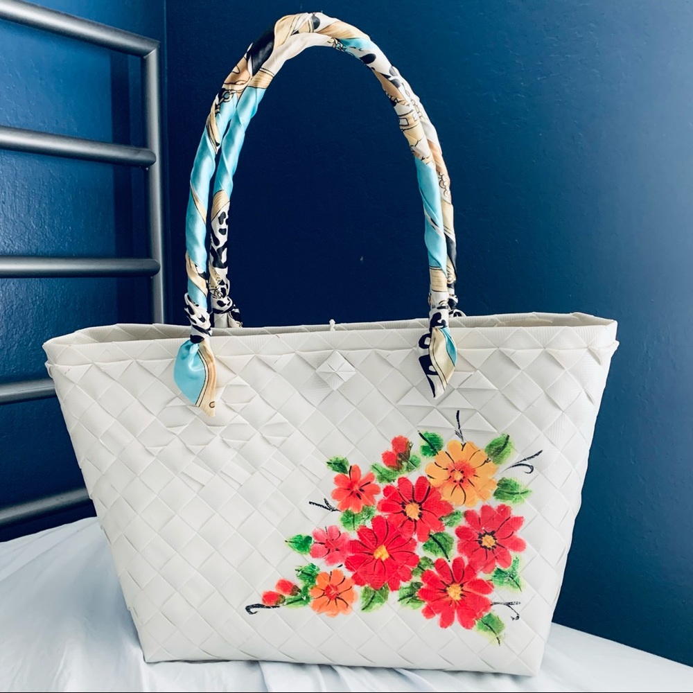Summer Beach Woven Floral White Tote Bag